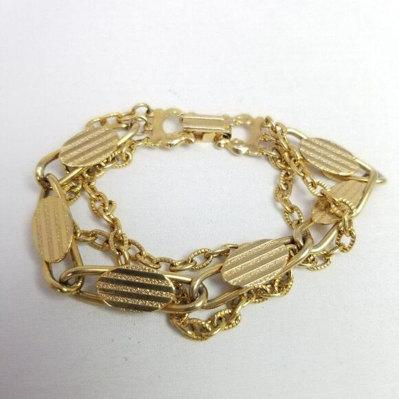 Vintage Gold Tone Chain Bracelet, Three Strand, Mixed Link Pattern, Retro Estate - Picture 6 of 6